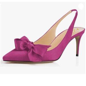 YDN Women Pointed Toe Bow Slingback Slip on Pumps Stiletto Mid Heels Pink Heels